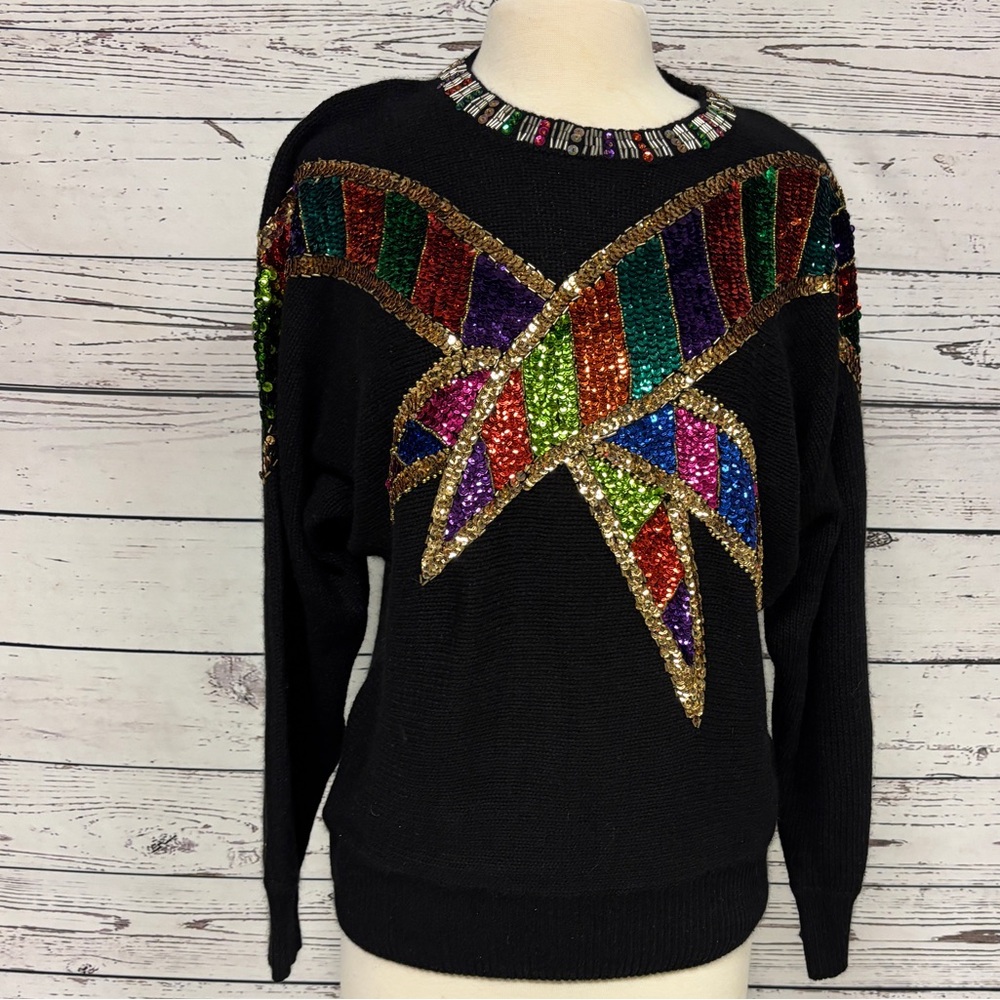 Vintage Marnie West Silk Blend 80’s Colorful Sequin Embellished Black Sweater